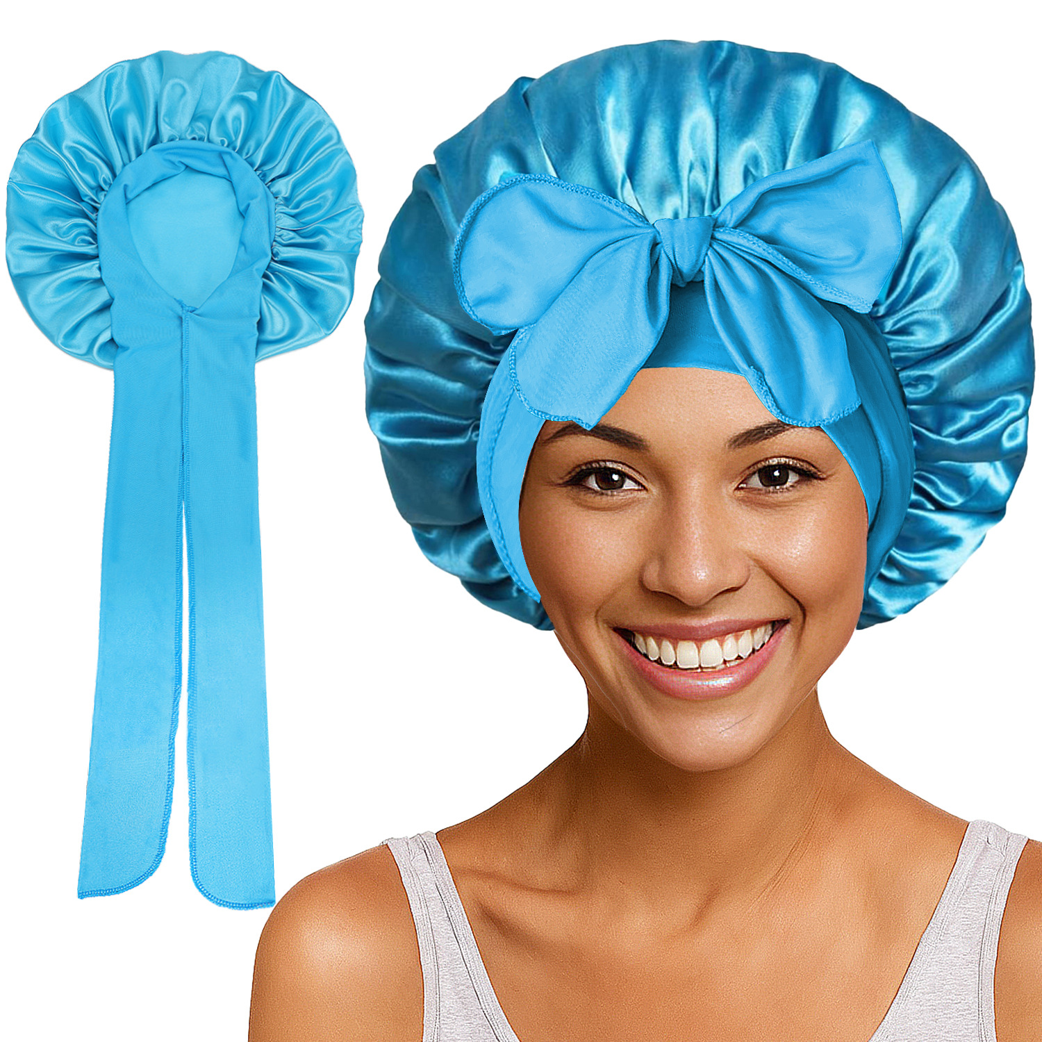 Elastic Satin Round Wide-Brimmed Headscarf Hat Solid Color Artificial Silk Nightcap