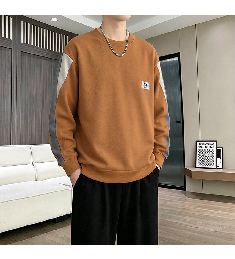 Men's Casual Patchwork Letter Embroidery Round Neck Loose Pullover Sweatshirt
