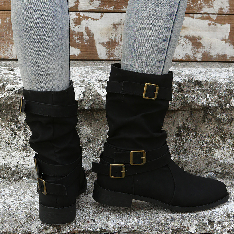 Womens Round Toe Flat Heel Sheepskin Mid Calf Boots