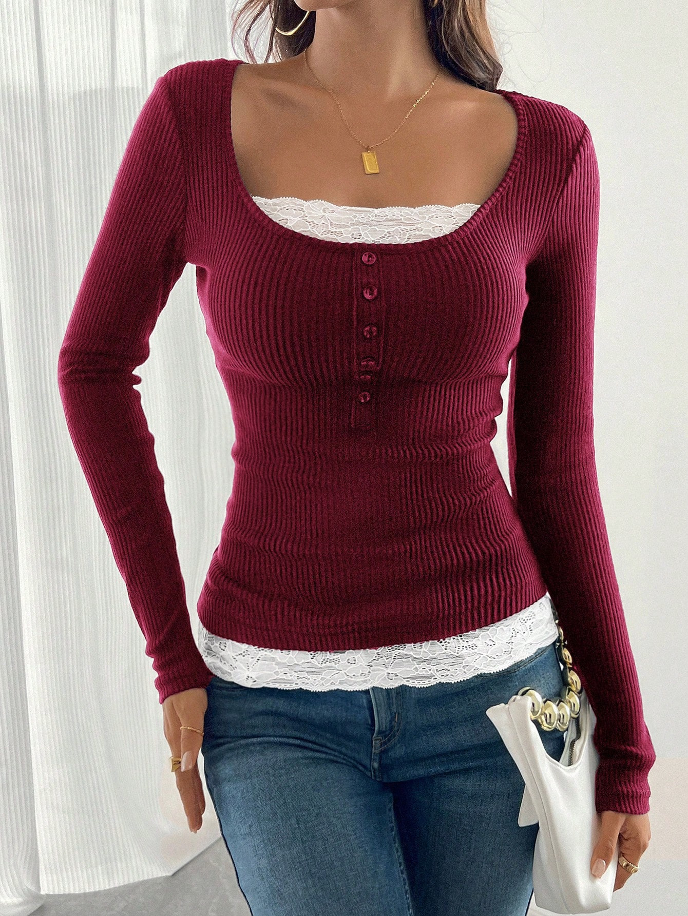 Women's Square Neck Lace Patchwork Slim Fit Long Sleeve Top