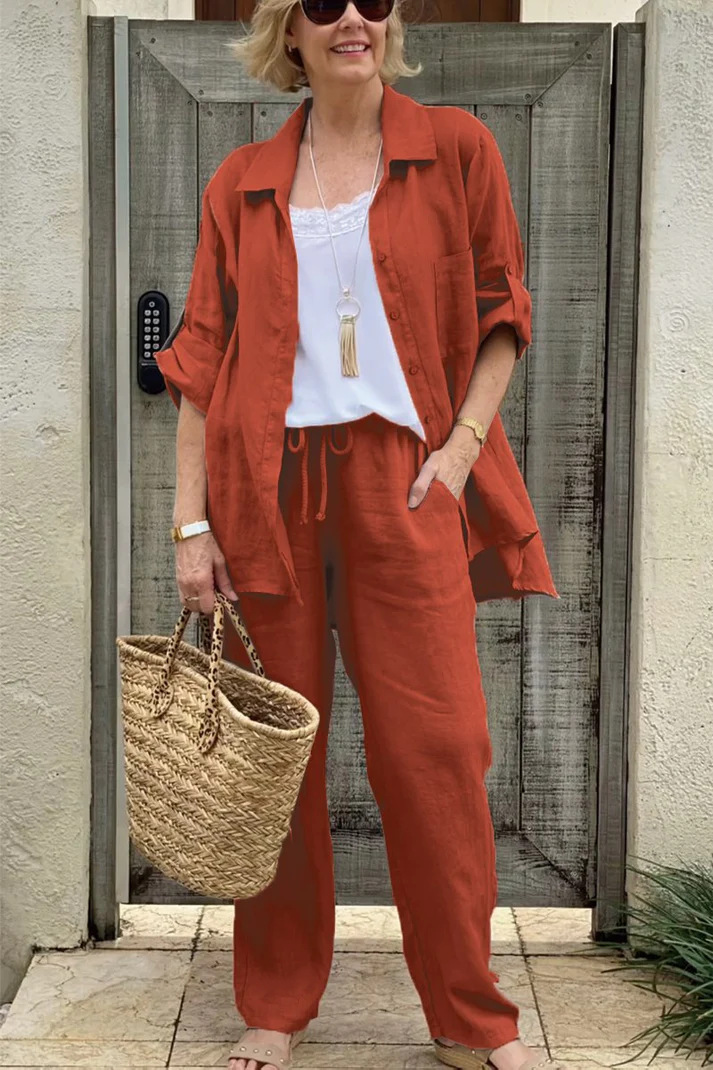 Women's Linen Blend Long Sleeve Shirt Trousers Suit