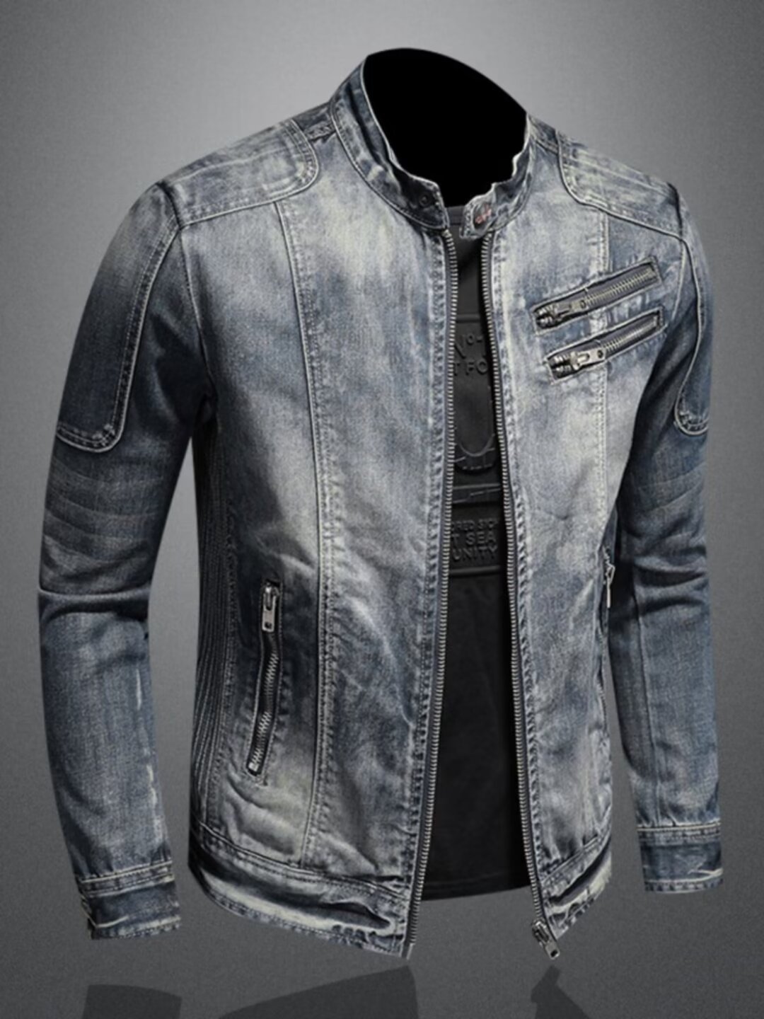 Men's Retro Solid Color Stand Collar Denim Jacket Casual Long Sleeve Outerwear