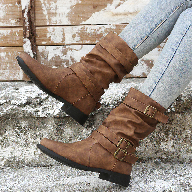 Womens Round Toe Flat Heel Sheepskin Mid Calf Boots