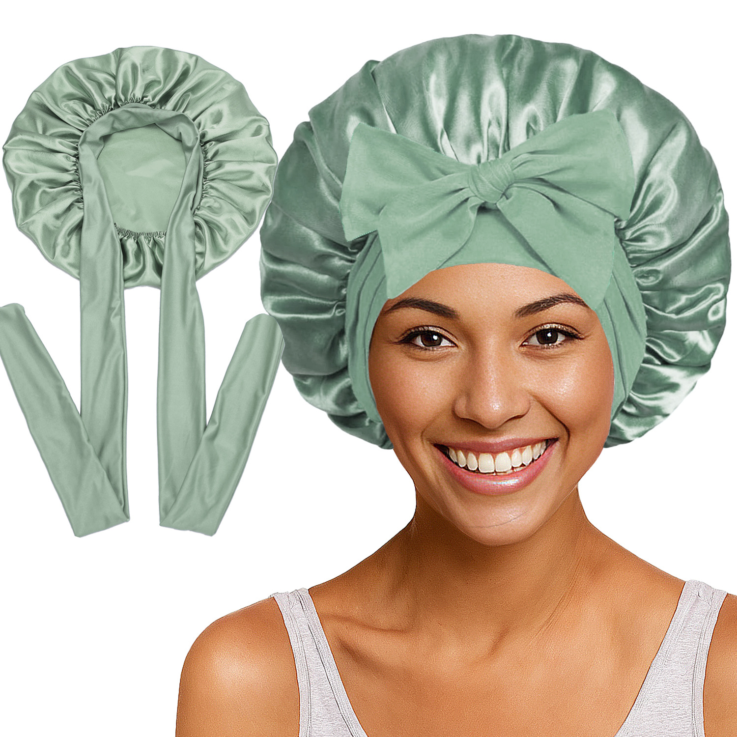 Elastic Satin Round Wide-Brimmed Headscarf Hat Solid Color Artificial Silk Nightcap