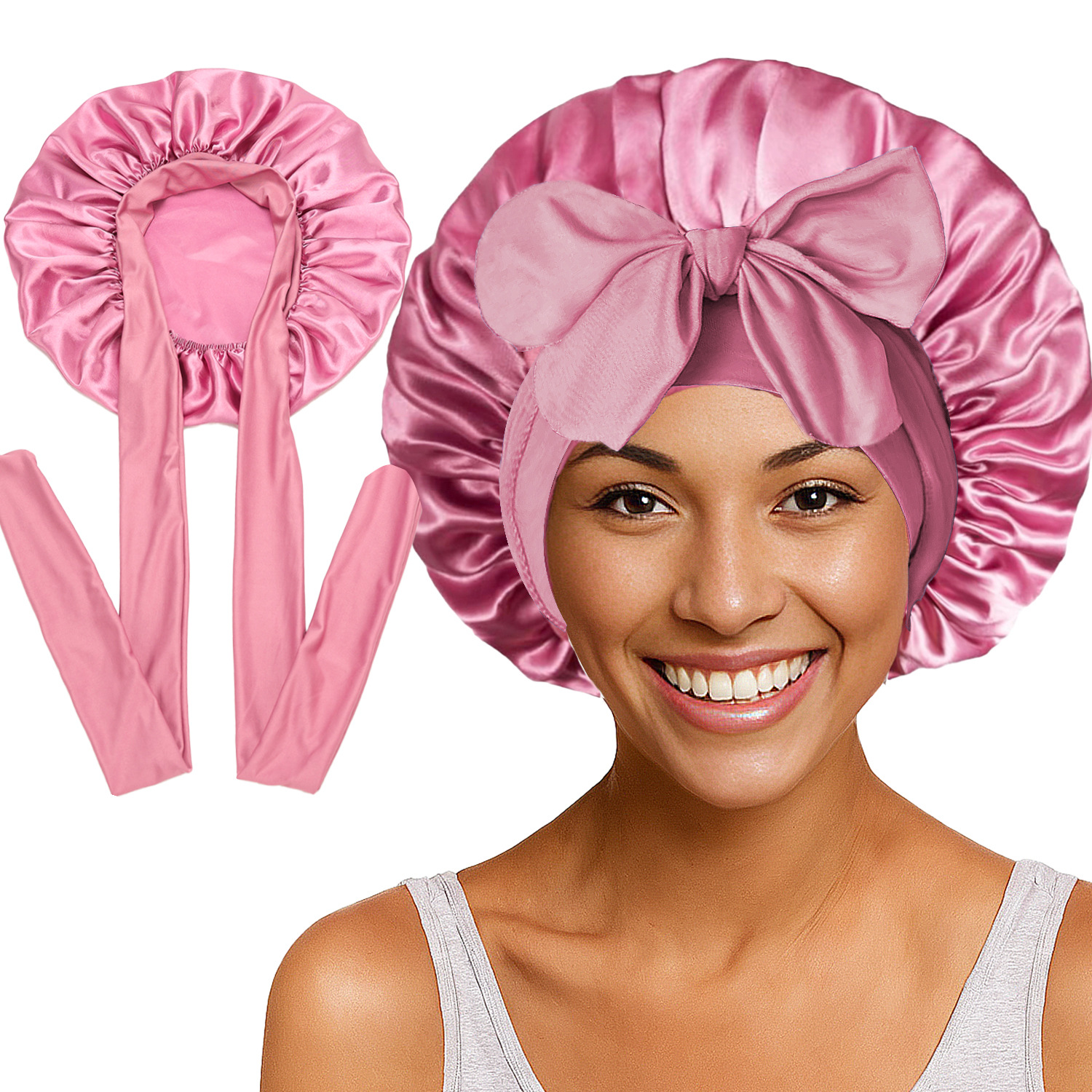 Elastic Satin Round Wide-Brimmed Headscarf Hat Solid Color Artificial Silk Nightcap
