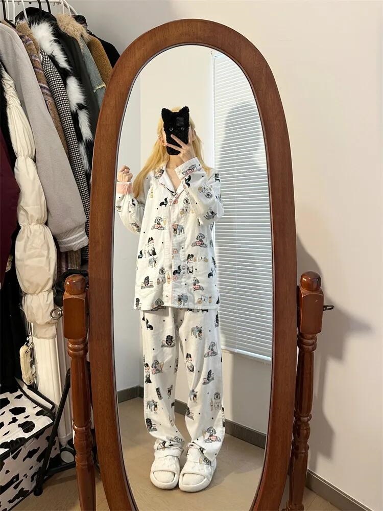 Women's Cartoon Puppy Print Cotton Long Sleeve Pajama Set