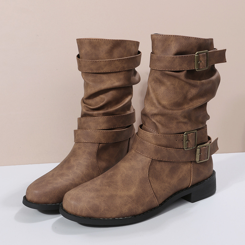 Womens Round Toe Flat Heel Sheepskin Mid Calf Boots