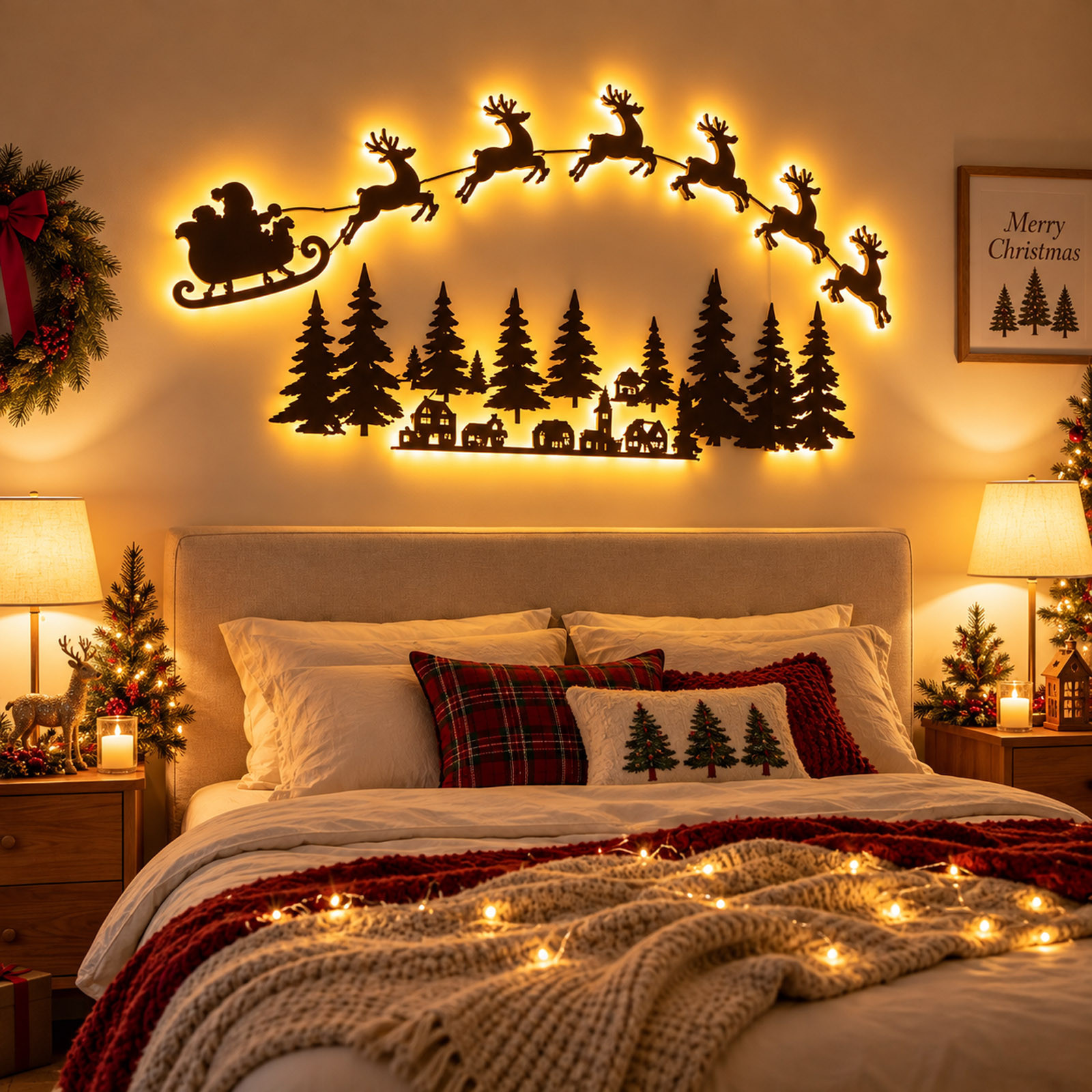 Self-Adhesive Wooden Christmas Santa Reindeer Wall Decoration with Lights