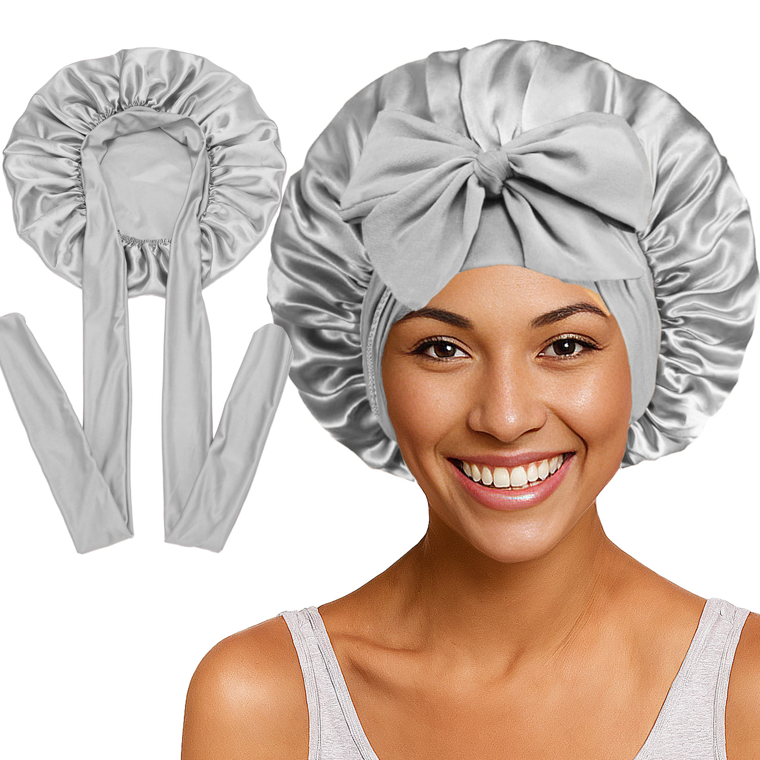 Elastic Satin Round Wide-Brimmed Headscarf Hat Solid Color Artificial Silk Nightcap