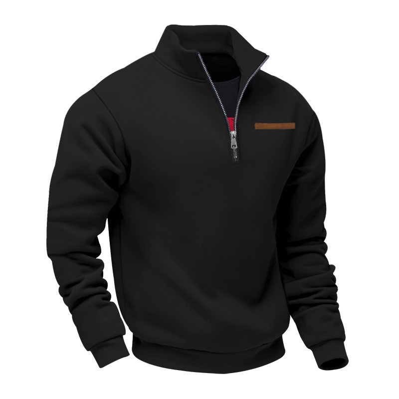 Men's Velvet Lined Half-Zip Stand Collar Pullover Solid Color Casual Loose Sweatshirt