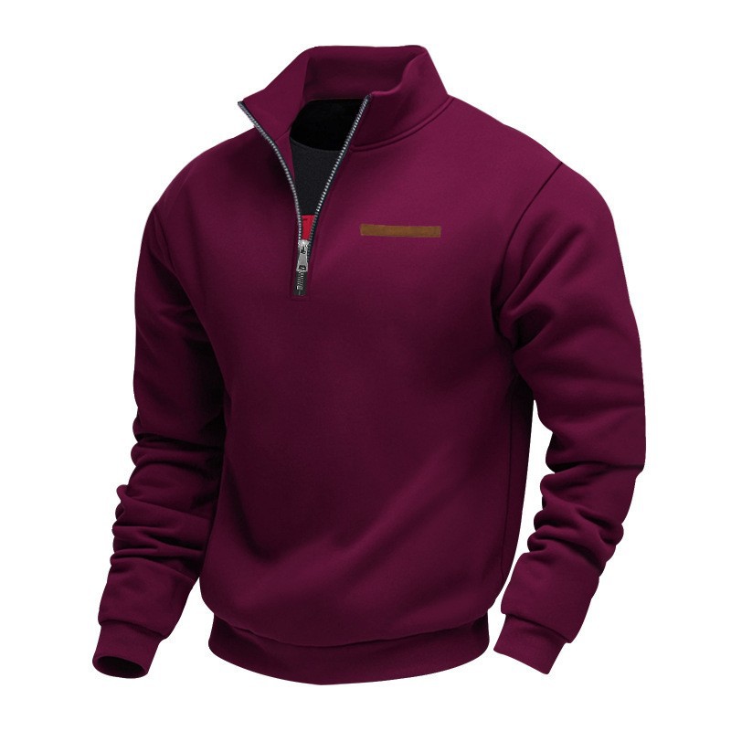 Men's Velvet Lined Half-Zip Stand Collar Pullover Solid Color Casual Loose Sweatshirt