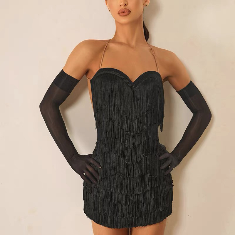 Women's Adult Spaghetti Strap Dress with Multi-Layered Tassels, Latin Dance Dress