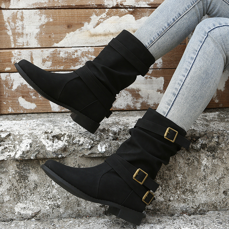 Womens Round Toe Flat Heel Sheepskin Mid Calf Boots