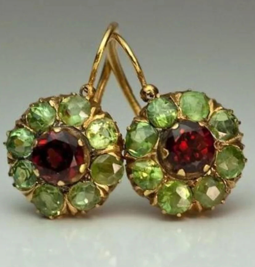 Victorian Two-Tone Rhodolite Peridot Alloy Drop Earrings