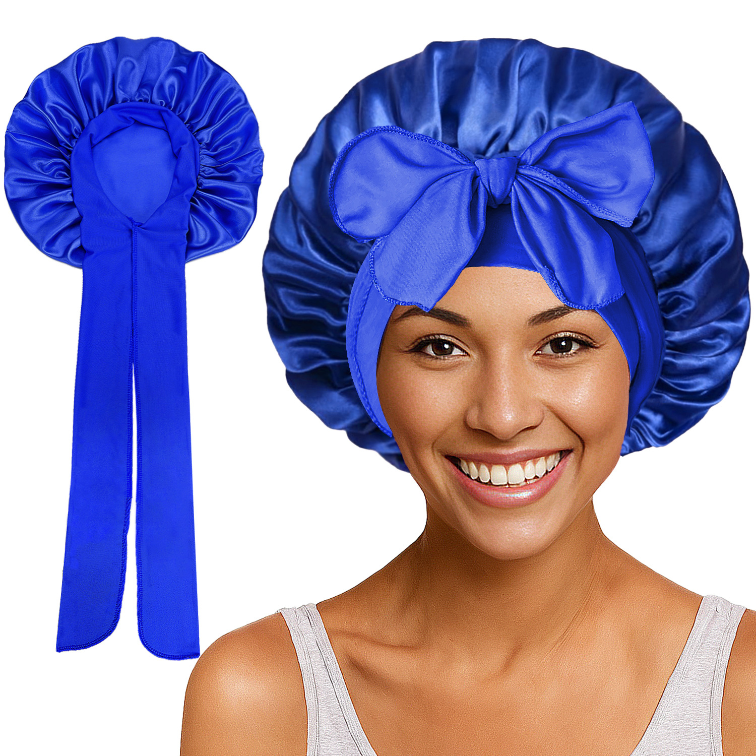 Elastic Satin Round Wide-Brimmed Headscarf Hat Solid Color Artificial Silk Nightcap