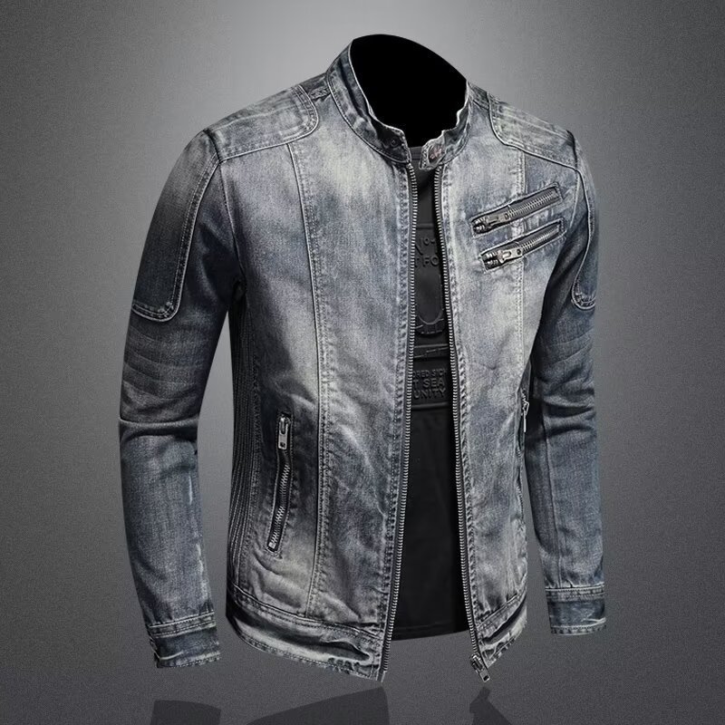 Men's Retro Solid Color Stand Collar Denim Jacket Casual Long Sleeve Outerwear