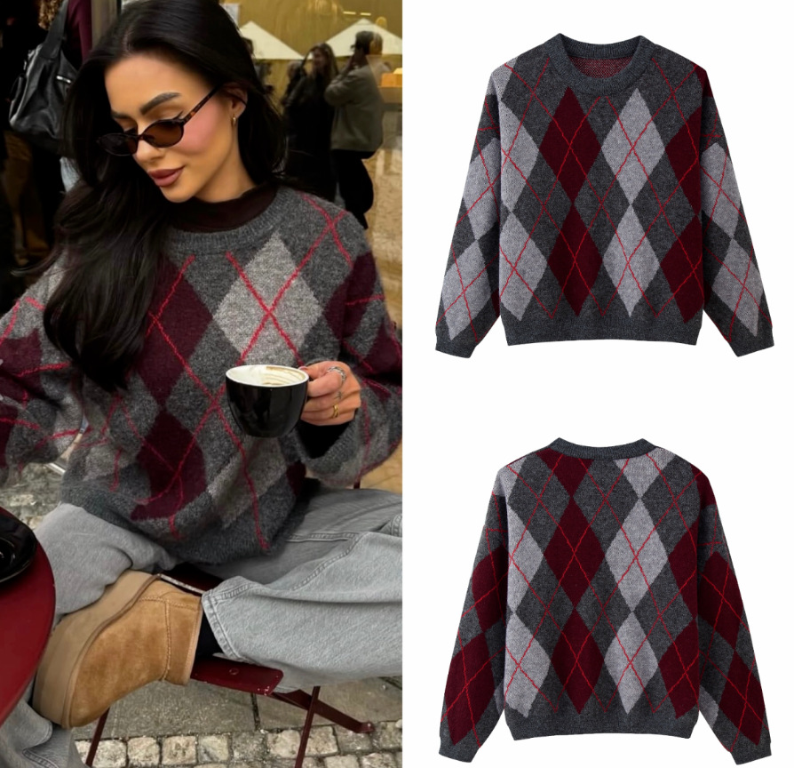 Women's Retro Diamond Pattern Acrylic Blend Pullover Sweater