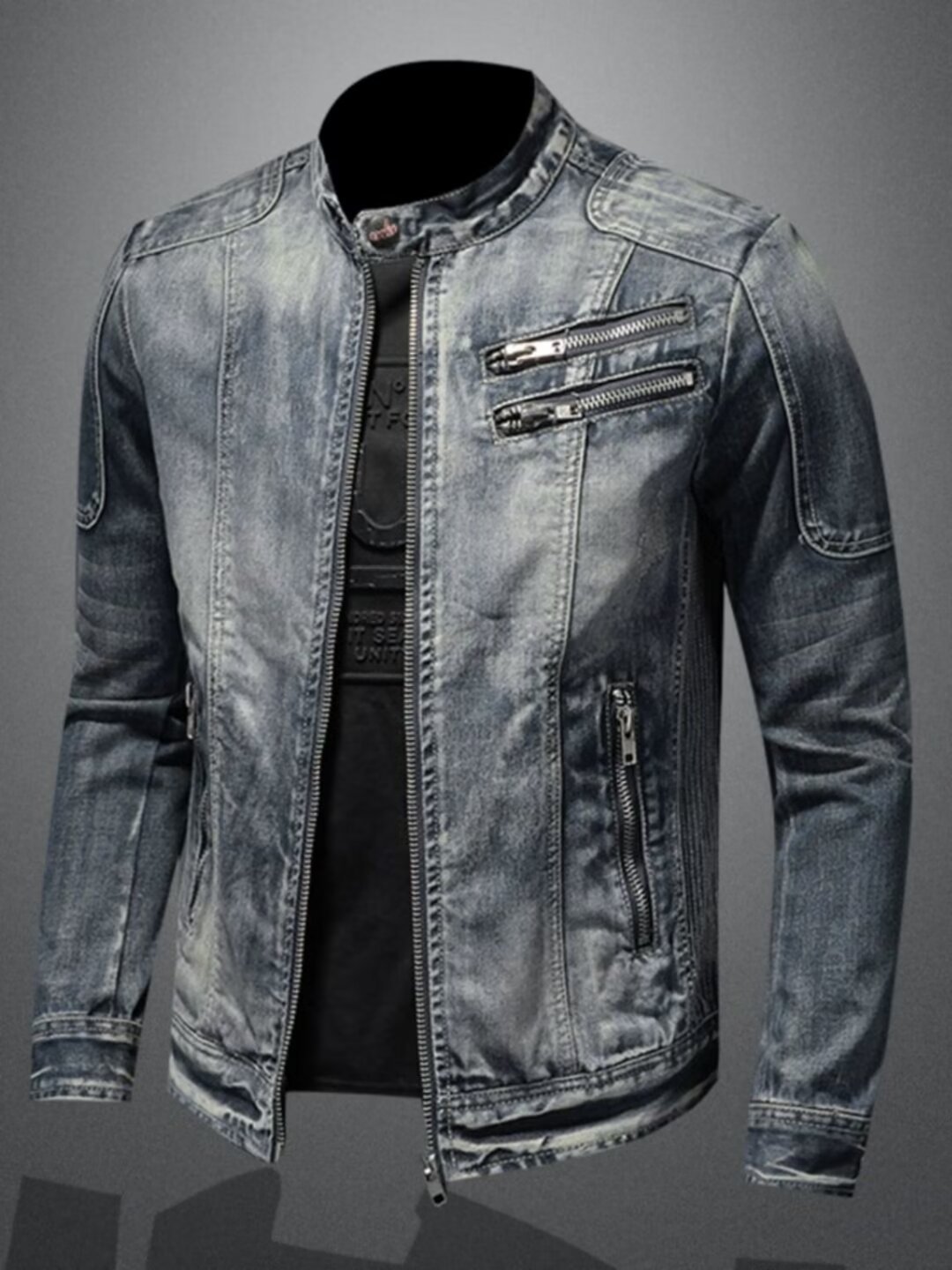 Men's Retro Solid Color Stand Collar Denim Jacket Casual Long Sleeve Outerwear