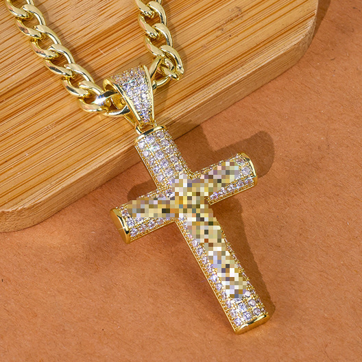 Men's Titanium Steel Cross Pendant Cuban Chain Necklace with Full Diamond Pav� Gold Plated
