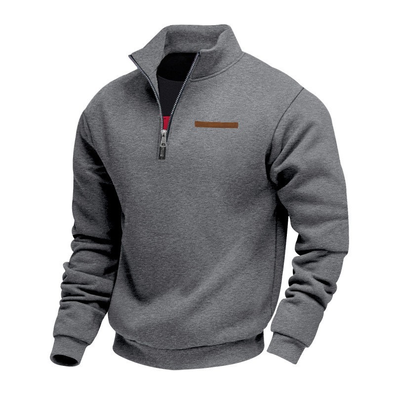 Men's Velvet Lined Half-Zip Stand Collar Pullover Solid Color Casual Loose Sweatshirt