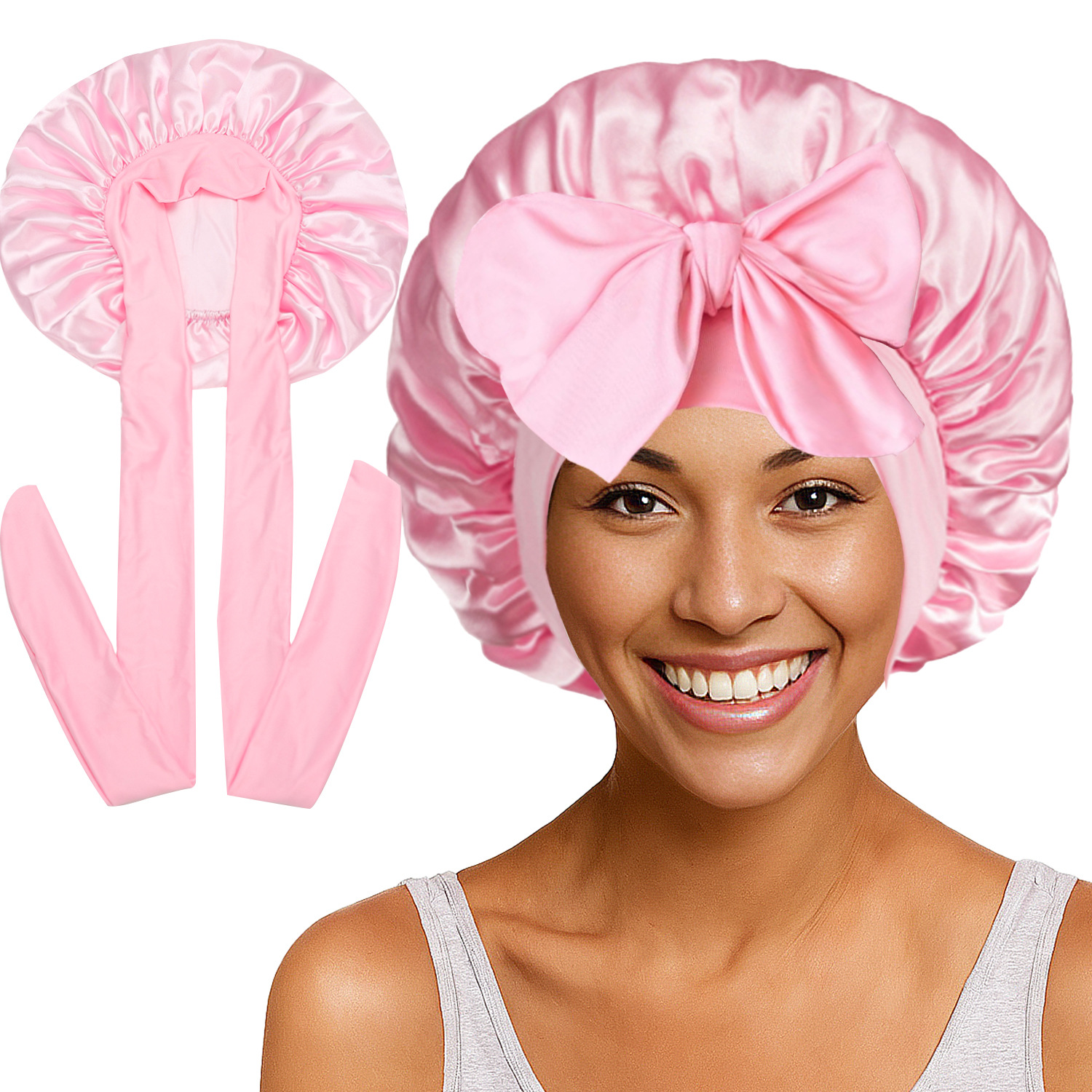 Elastic Satin Round Wide-Brimmed Headscarf Hat Solid Color Artificial Silk Nightcap