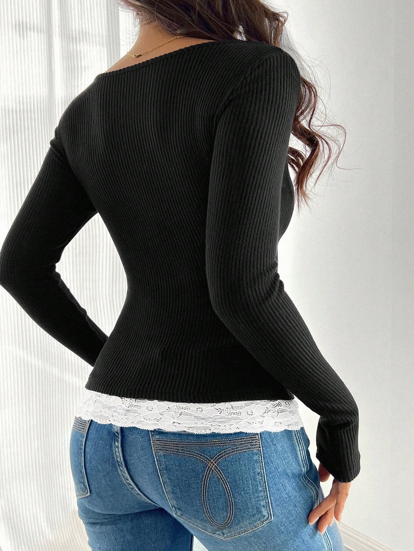 Women's Square Neck Lace Patchwork Slim Fit Long Sleeve Top