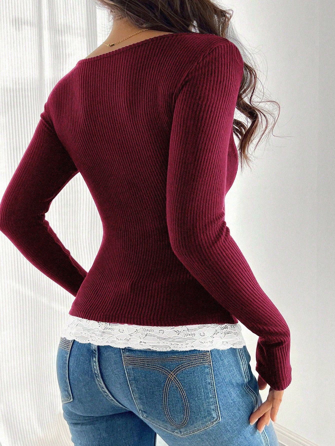 Women's Square Neck Lace Patchwork Slim Fit Long Sleeve Top