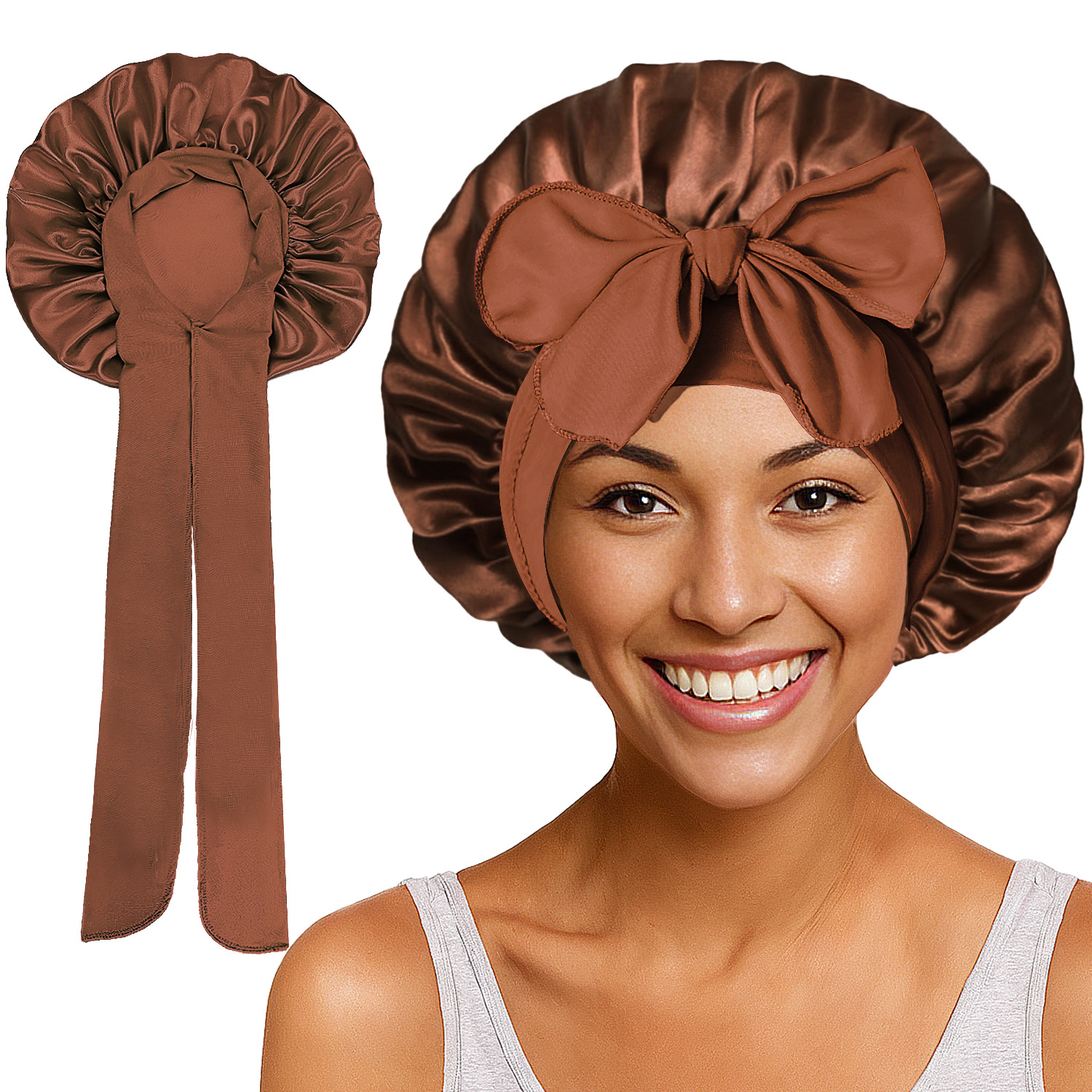 Elastic Satin Round Wide-Brimmed Headscarf Hat Solid Color Artificial Silk Nightcap