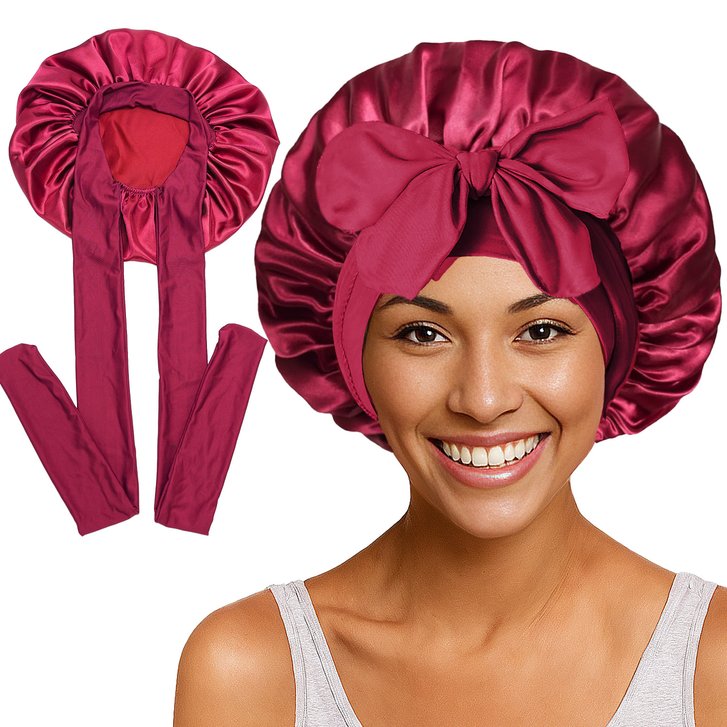 Elastic Satin Round Wide-Brimmed Headscarf Hat Solid Color Artificial Silk Nightcap
