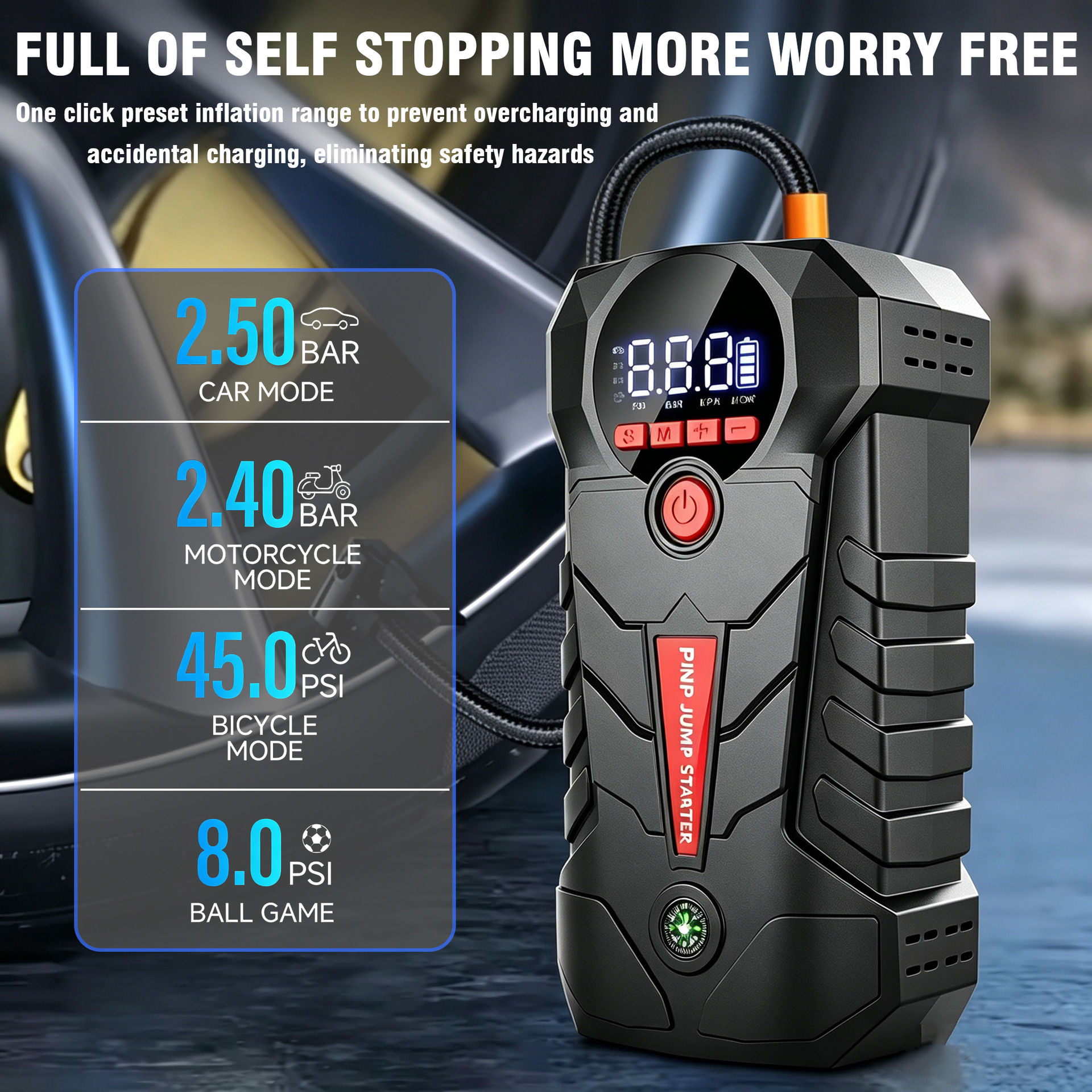 4-in-1 Car Jump Starter with Tire Inflator Digital Display 6000mAh Portable Power Bank