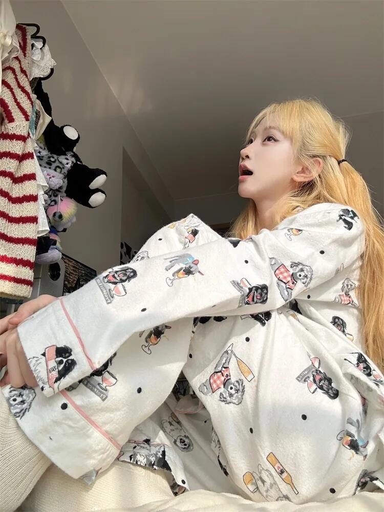 Women's Cartoon Puppy Print Cotton Long Sleeve Pajama Set