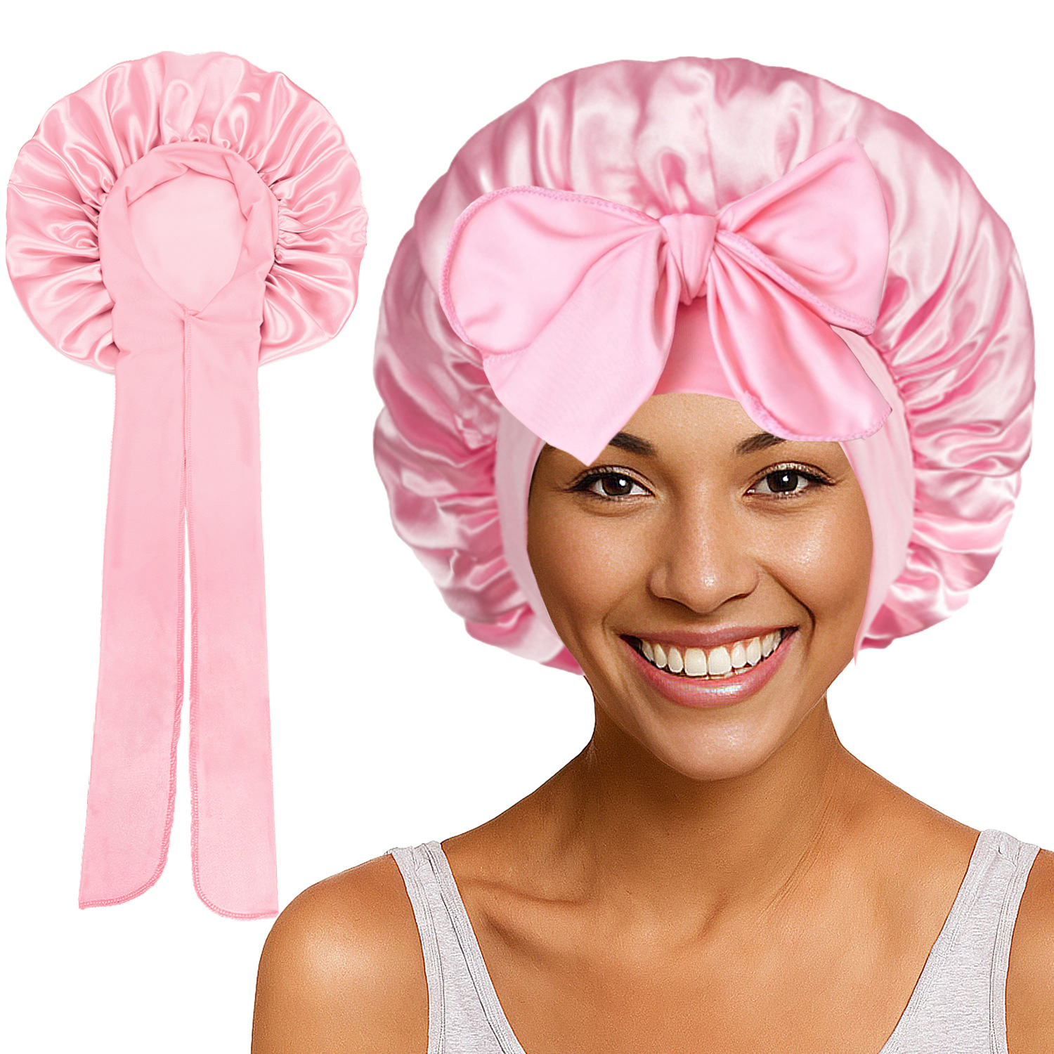 Elastic Satin Round Wide-Brimmed Headscarf Hat Solid Color Artificial Silk Nightcap