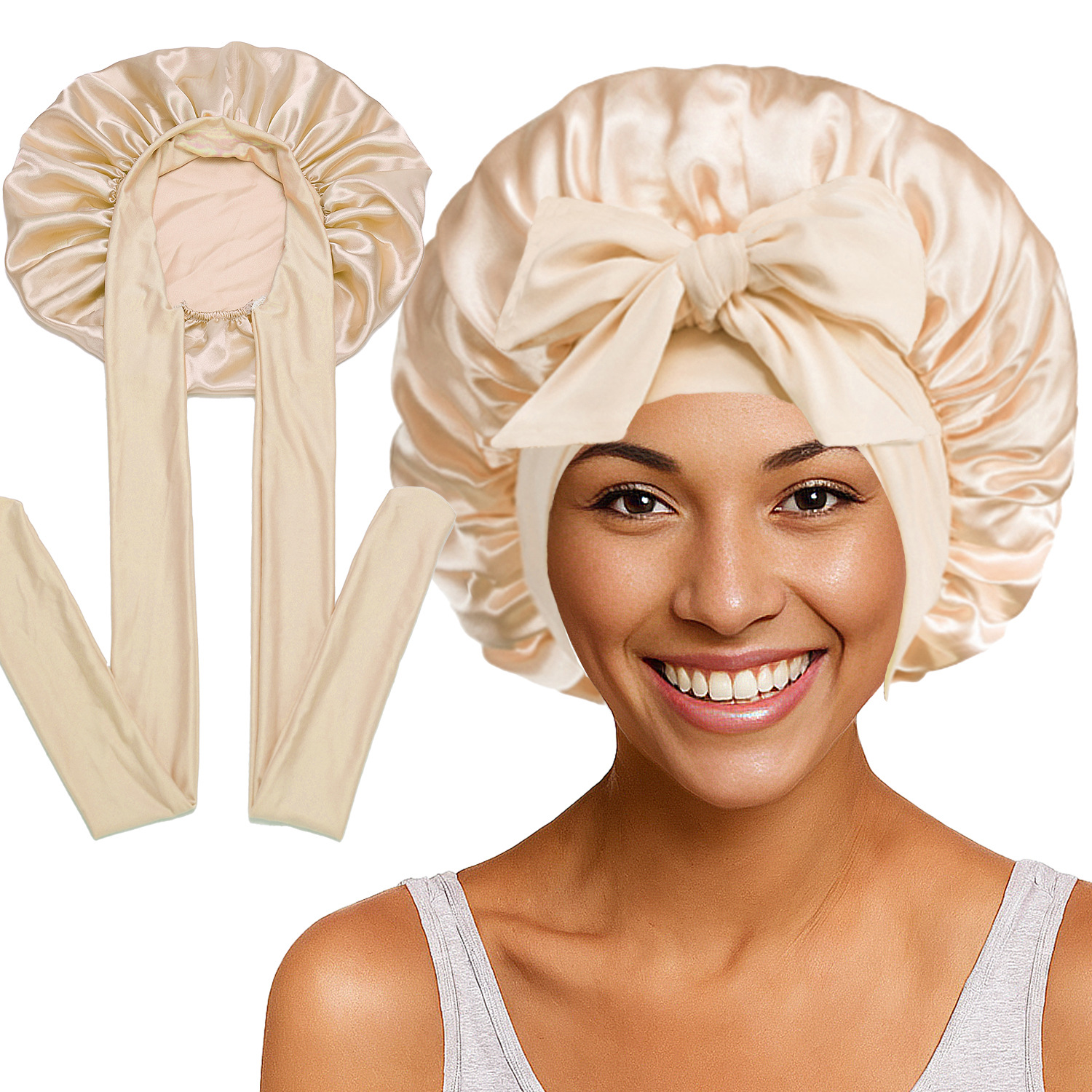 Elastic Satin Round Wide-Brimmed Headscarf Hat Solid Color Artificial Silk Nightcap