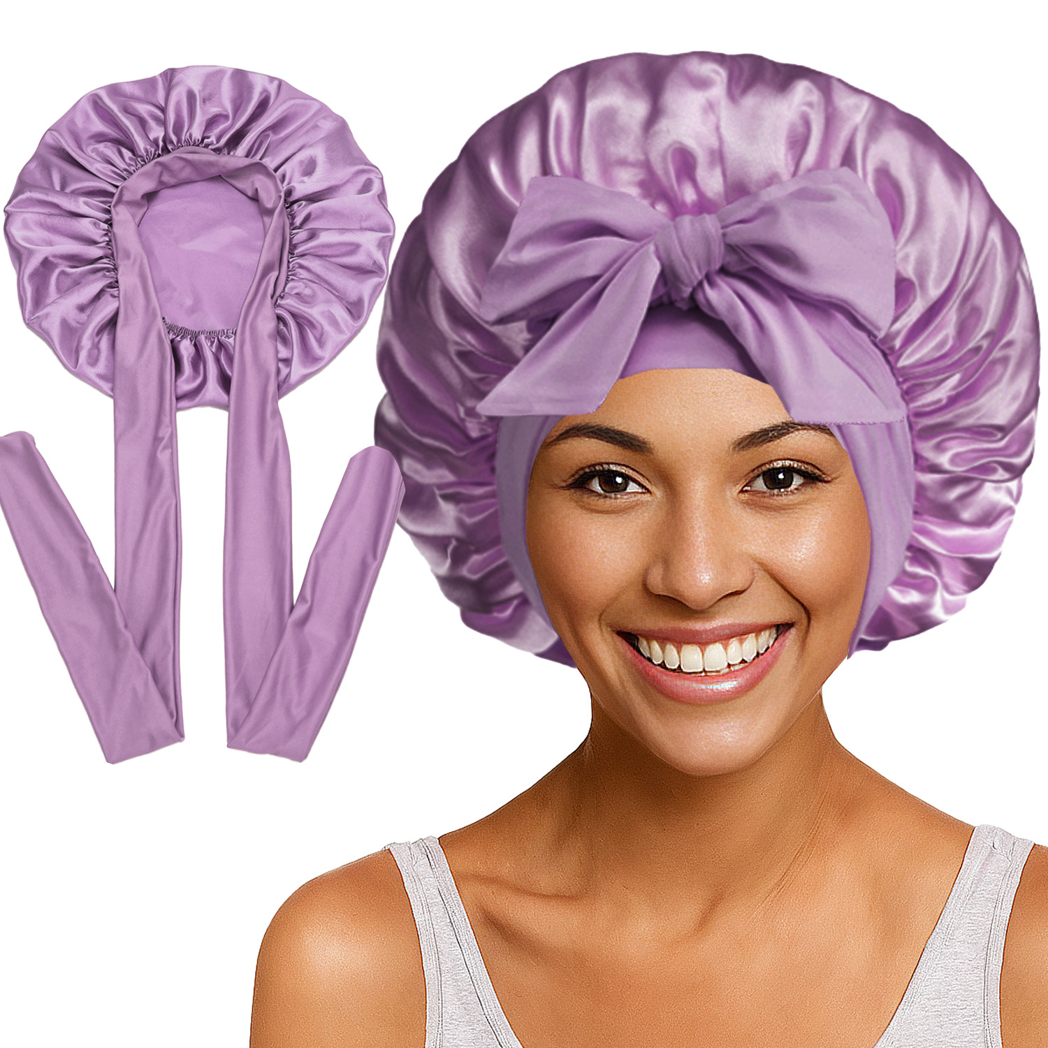 Elastic Satin Round Wide-Brimmed Headscarf Hat Solid Color Artificial Silk Nightcap