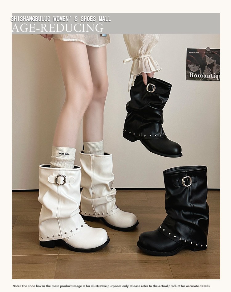 Women's solid-color pleated ankle boots