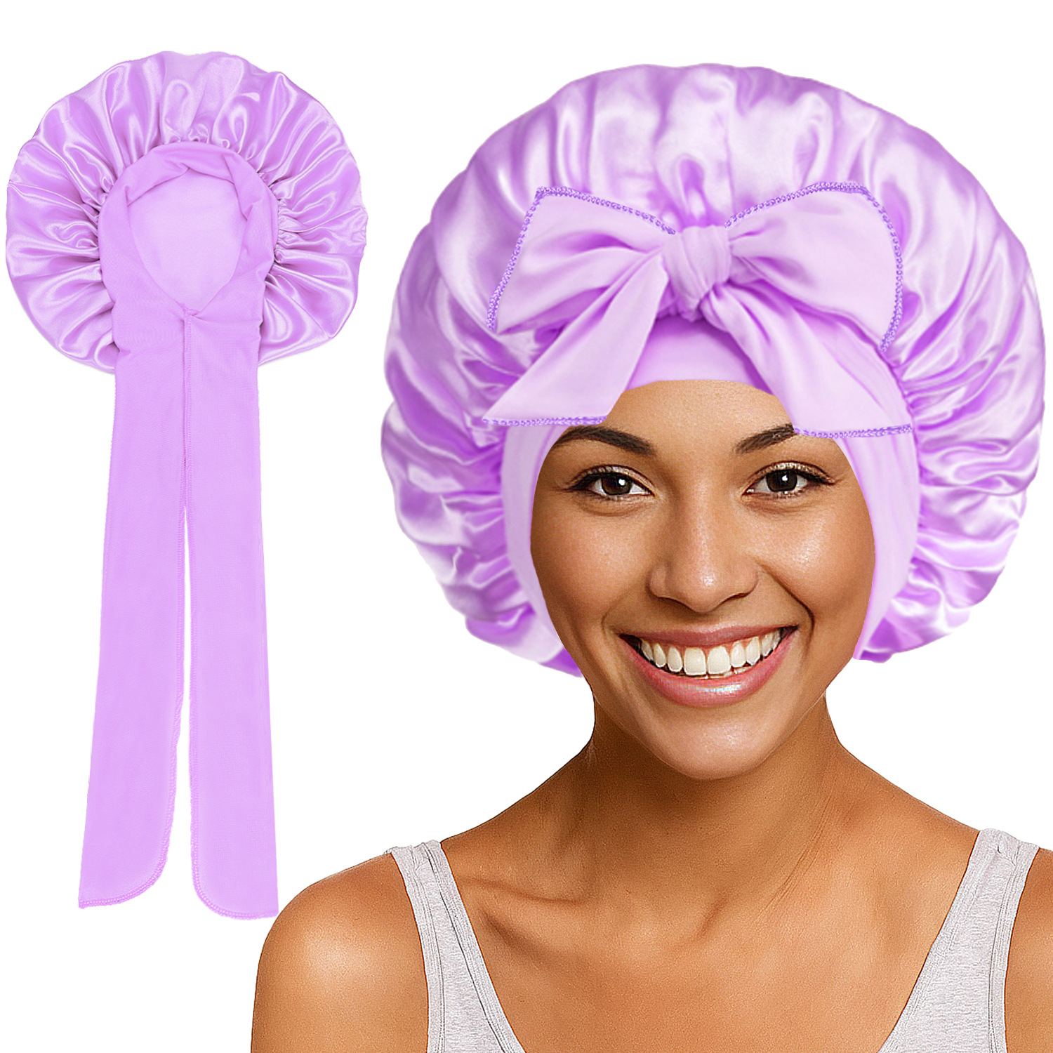 Elastic Satin Round Wide-Brimmed Headscarf Hat Solid Color Artificial Silk Nightcap