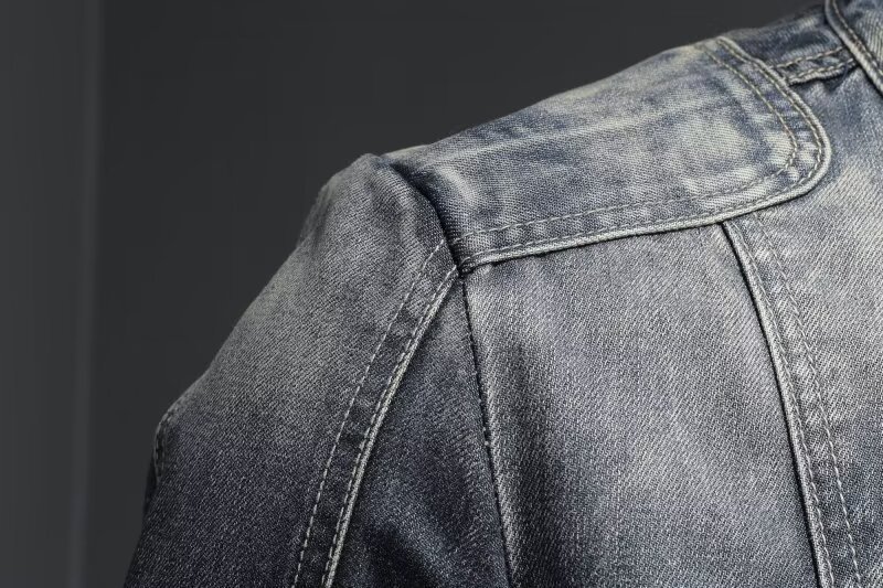 Men's Retro Solid Color Stand Collar Denim Jacket Casual Long Sleeve Outerwear