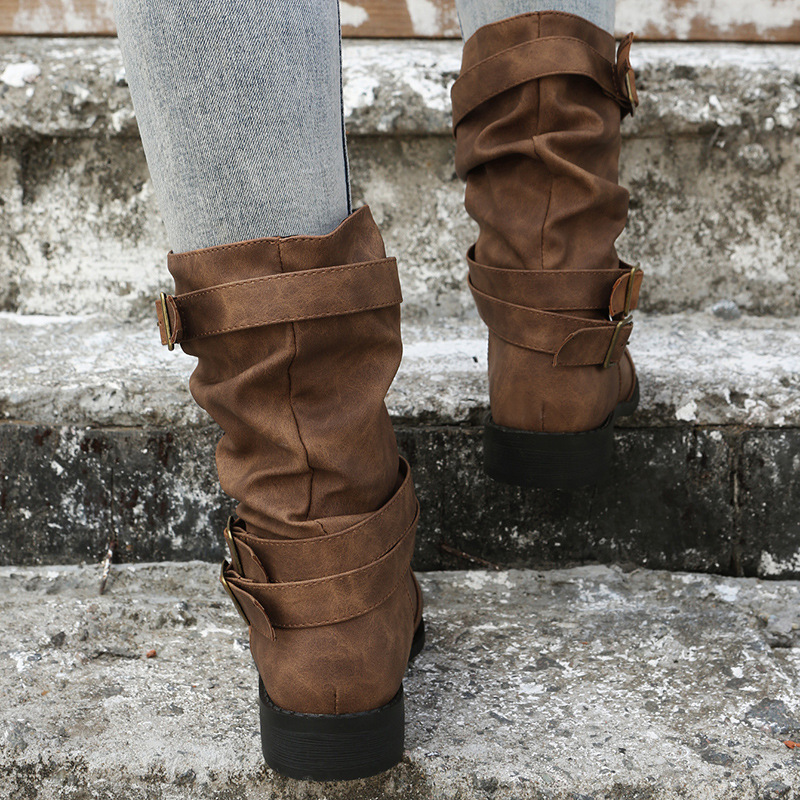 Womens Round Toe Flat Heel Sheepskin Mid Calf Boots