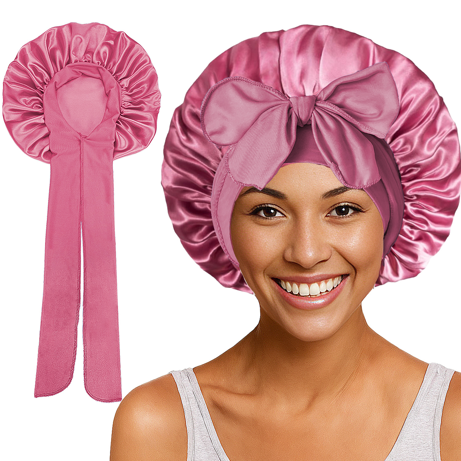 Elastic Satin Round Wide-Brimmed Headscarf Hat Solid Color Artificial Silk Nightcap
