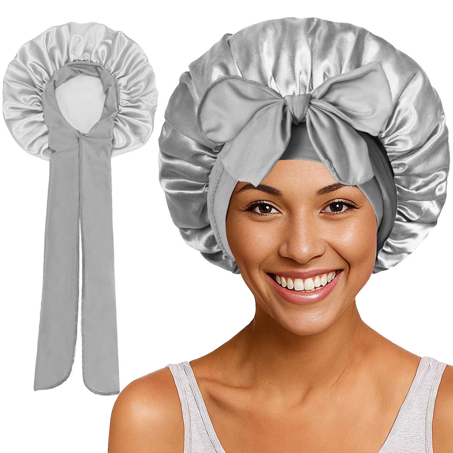 Elastic Satin Round Wide-Brimmed Headscarf Hat Solid Color Artificial Silk Nightcap