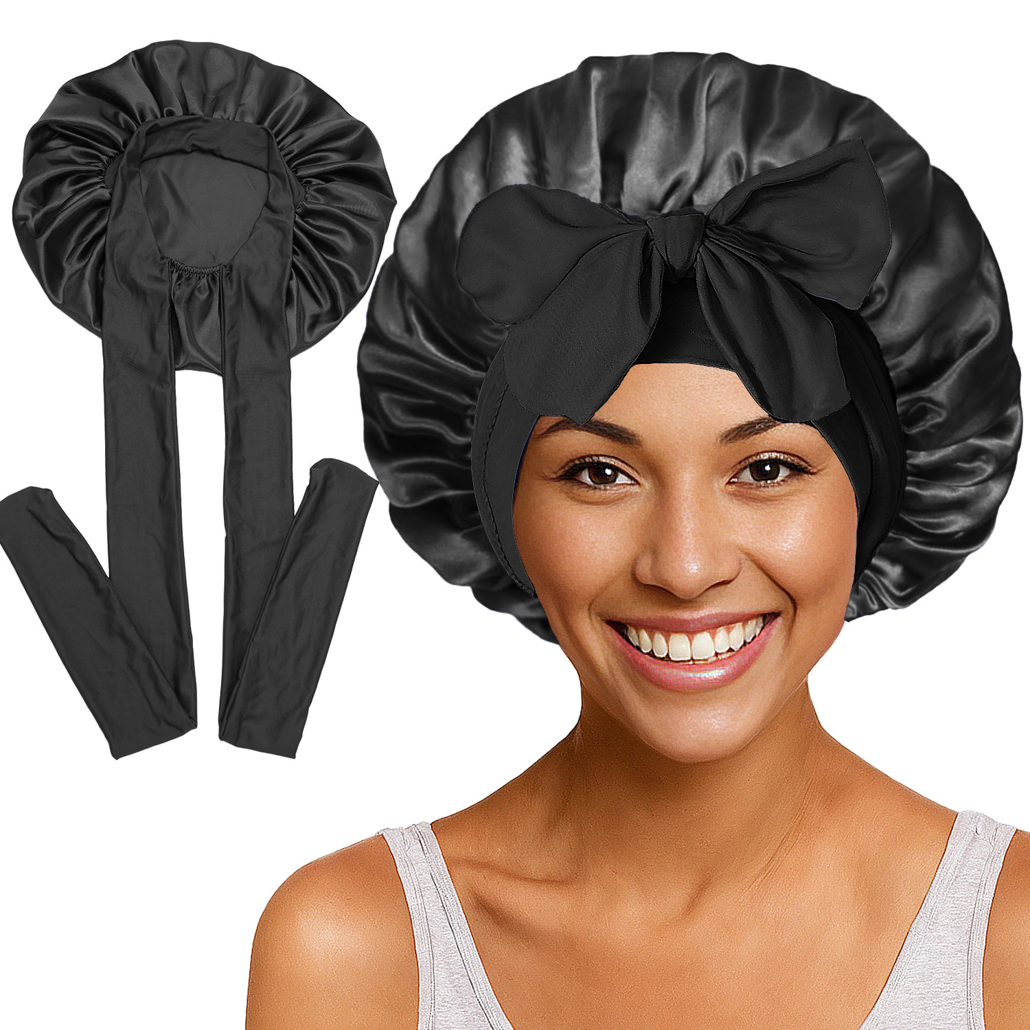 Elastic Satin Round Wide-Brimmed Headscarf Hat Solid Color Artificial Silk Nightcap