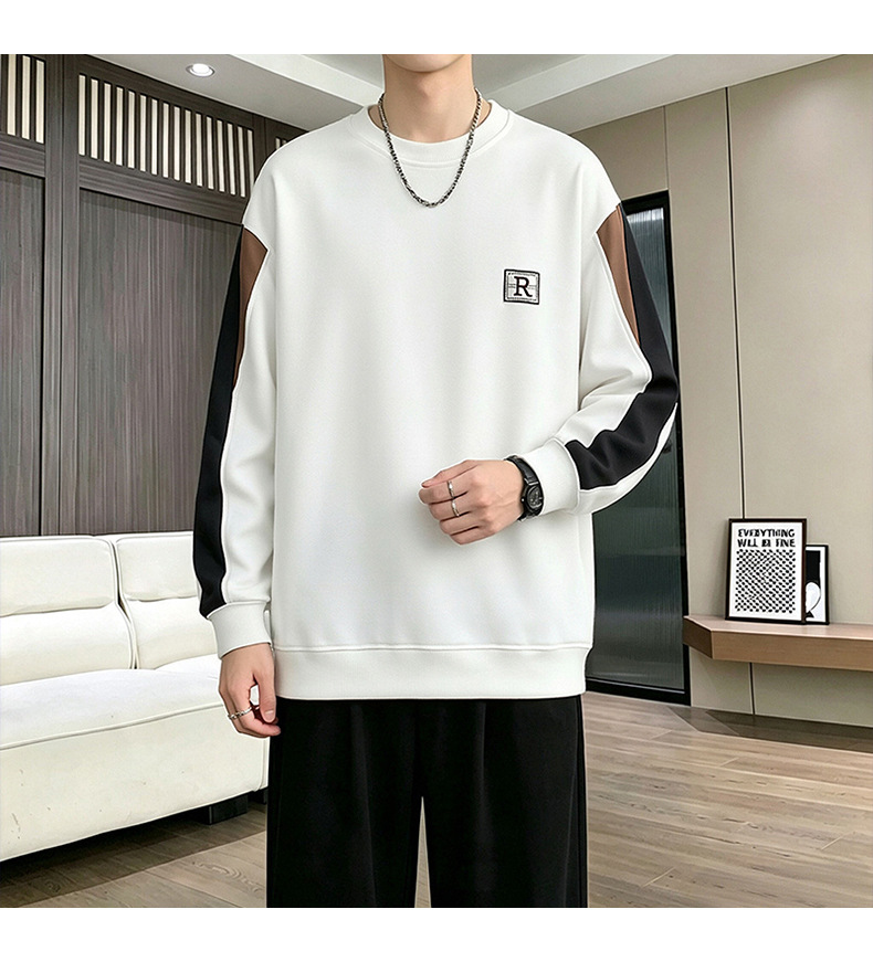 Men's Casual Patchwork Letter Embroidery Round Neck Loose Pullover Sweatshirt