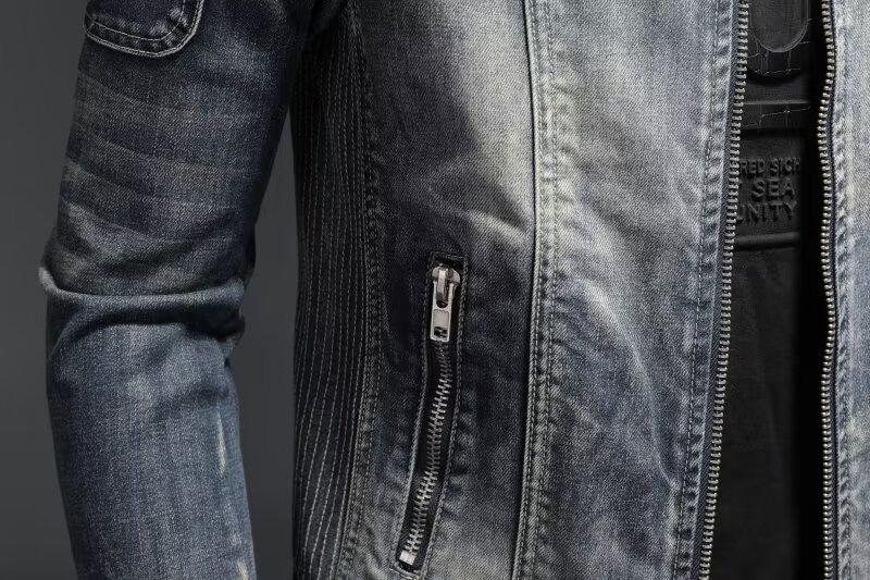 Men's Retro Solid Color Stand Collar Denim Jacket Casual Long Sleeve Outerwear