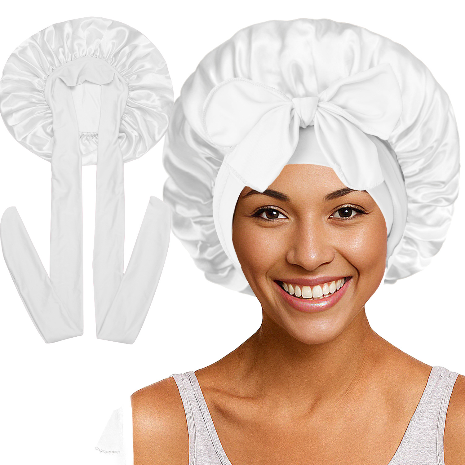 Elastic Satin Round Wide-Brimmed Headscarf Hat Solid Color Artificial Silk Nightcap