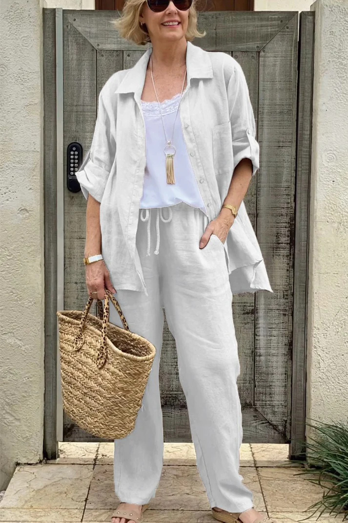 Women's Linen Blend Long Sleeve Shirt Trousers Suit