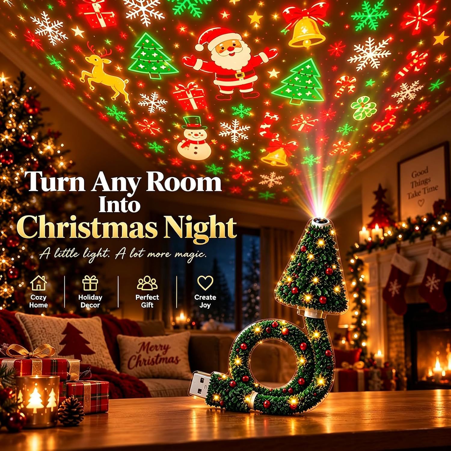 6 Scene USB Christmas Projection Light with Snowflake and Tree Patterns for Holiday Decoration