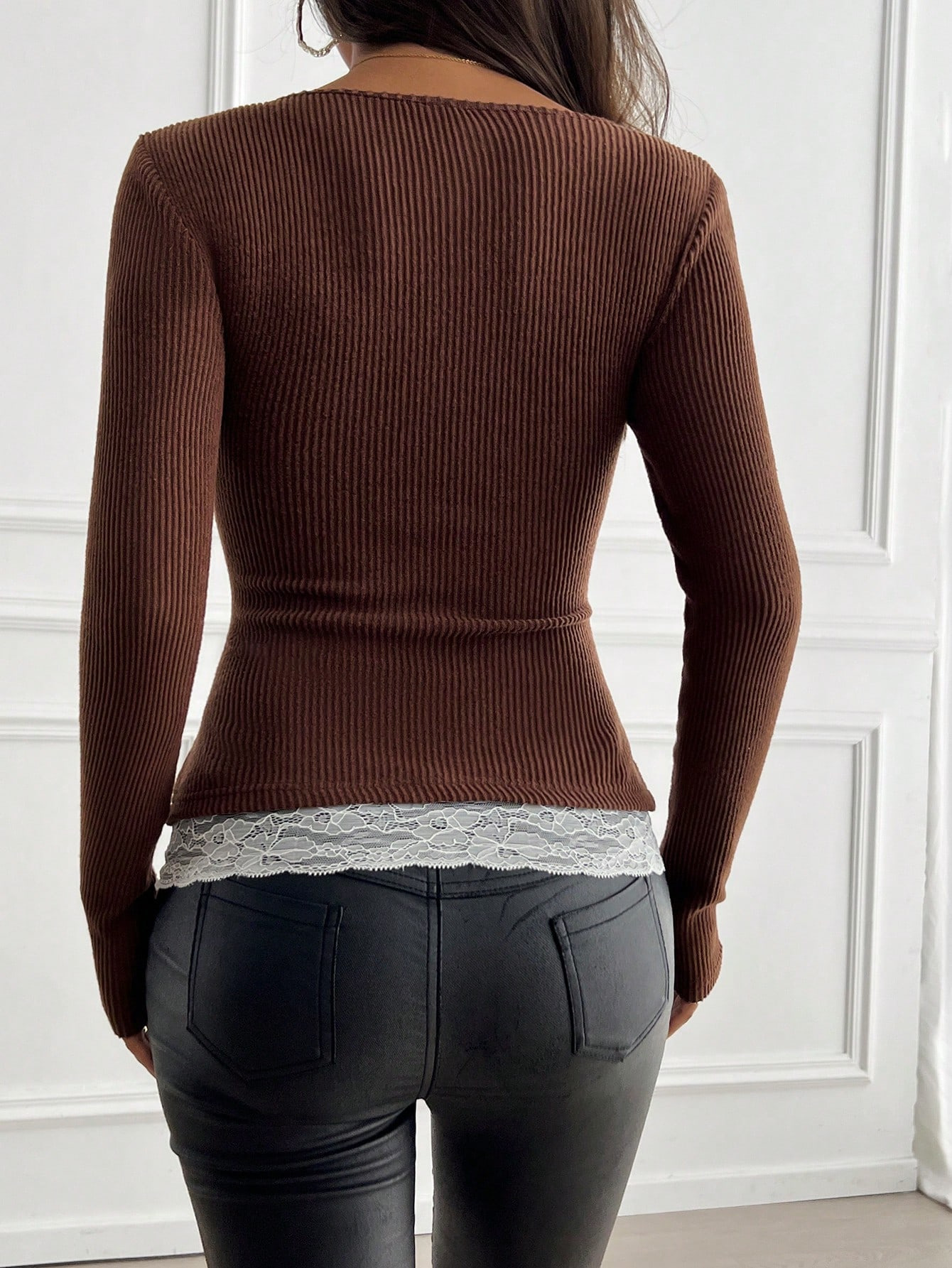Women's Square Neck Lace Patchwork Slim Fit Long Sleeve Top