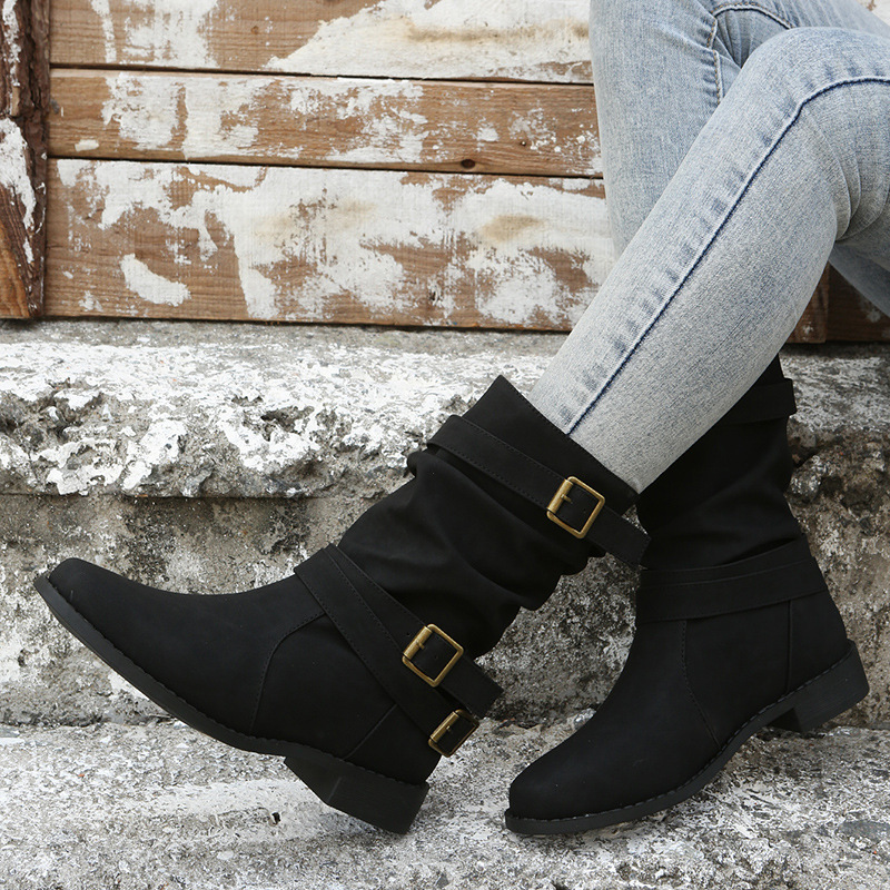 Womens Round Toe Flat Heel Sheepskin Mid Calf Boots
