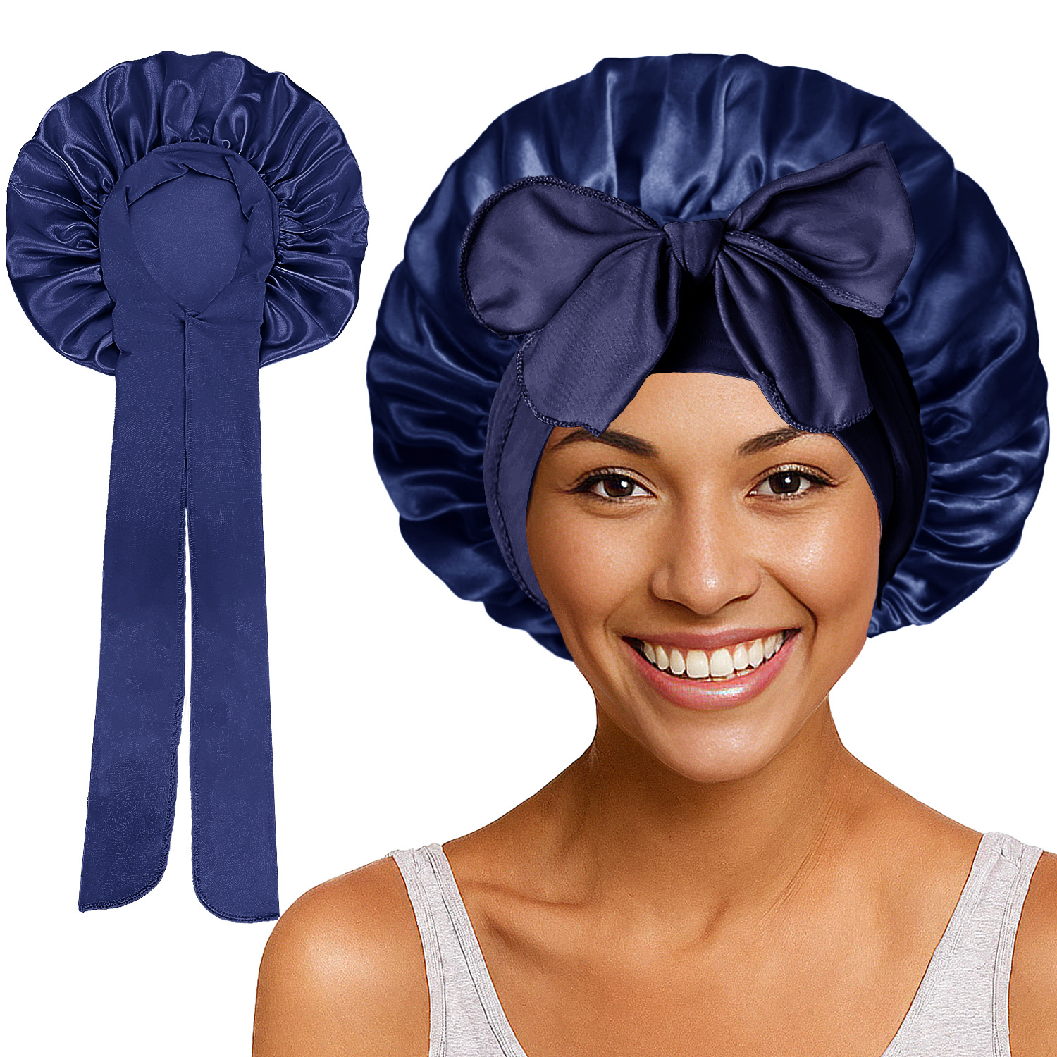 Elastic Satin Round Wide-Brimmed Headscarf Hat Solid Color Artificial Silk Nightcap