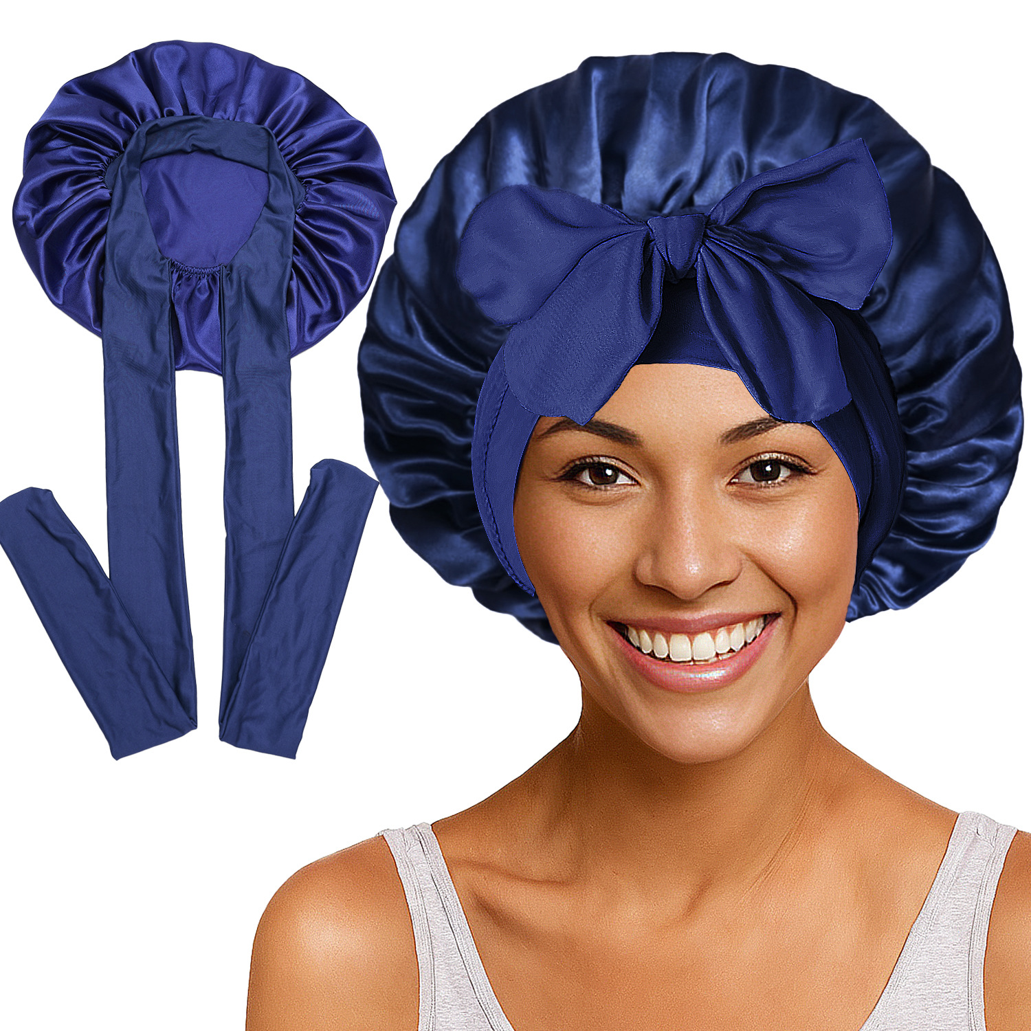 Elastic Satin Round Wide-Brimmed Headscarf Hat Solid Color Artificial Silk Nightcap